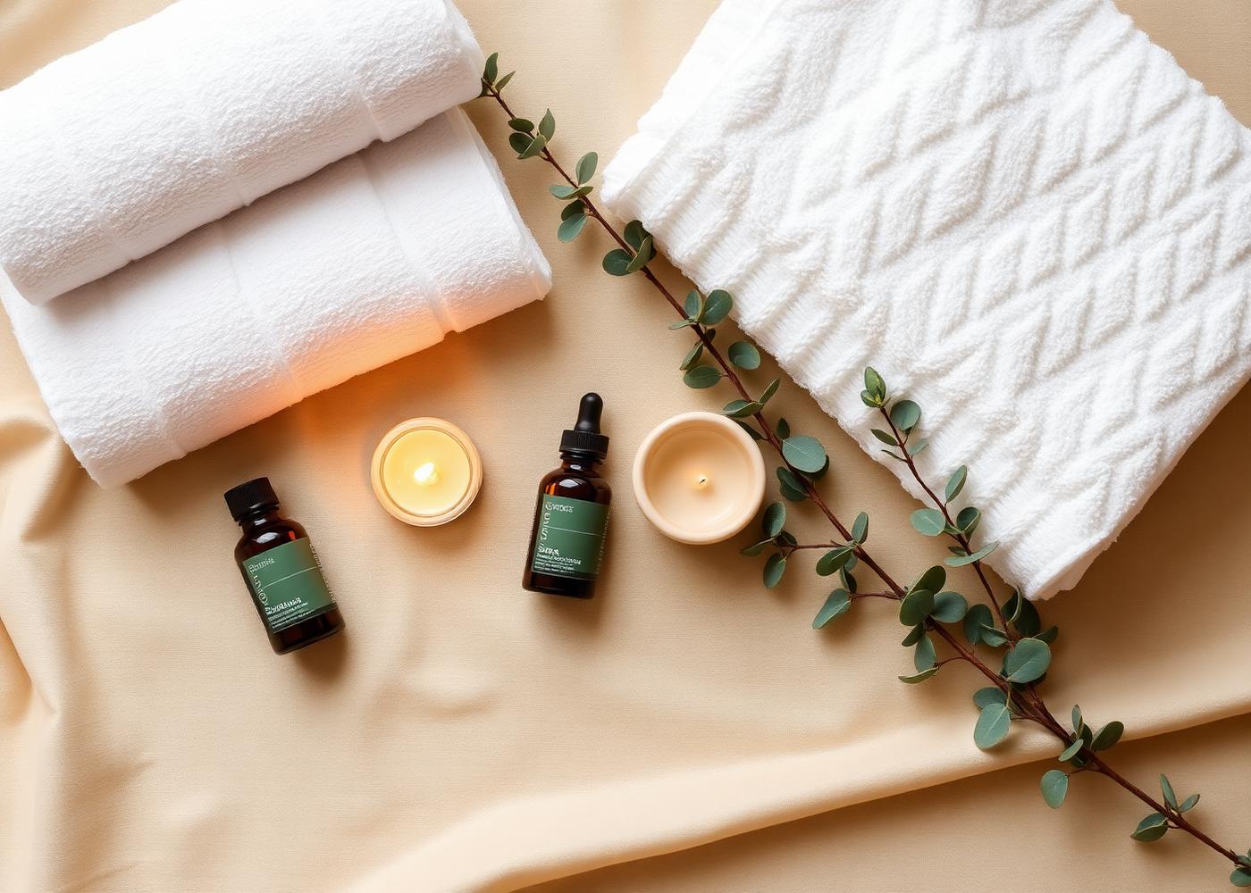 Óleos essenciais, toalhas e velas em ambiente de spa